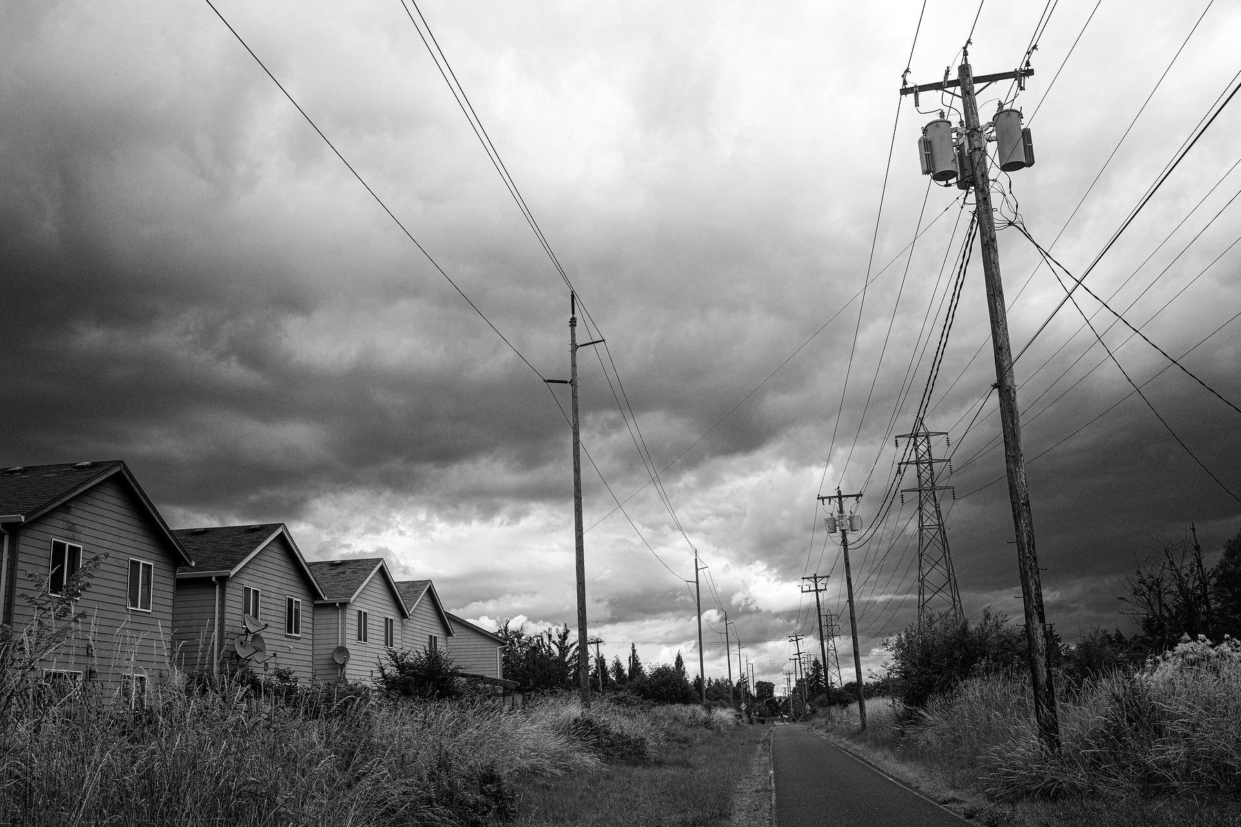 A black and white photo of houses facing out onto a bicycle path.