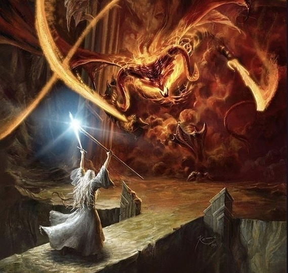A painting of Gandalf in battle against the Balrog.