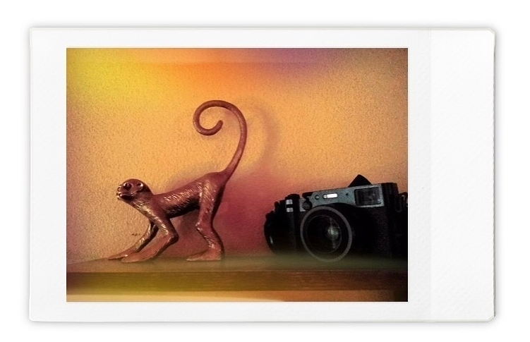 An Instax photo of a brass monkey next to a rangefinder camera.