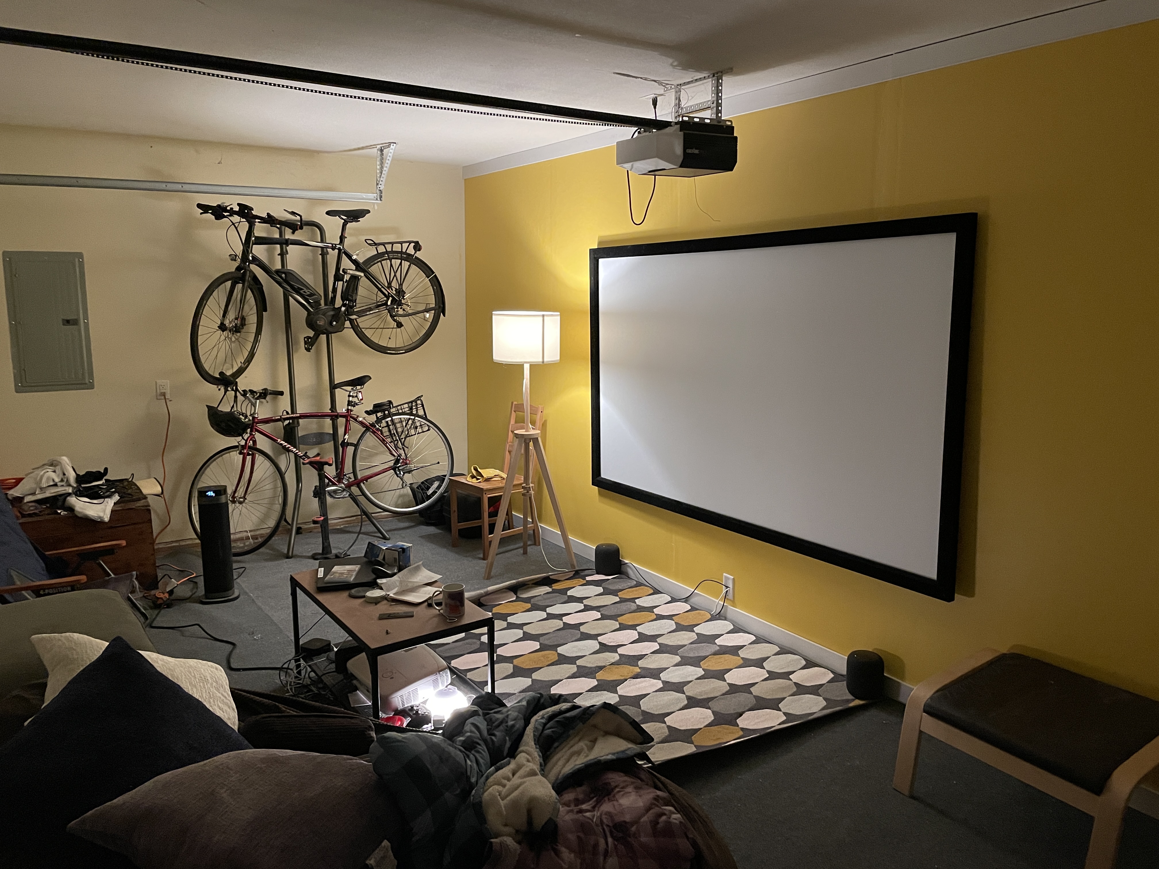 A projection movie screen in a remodeled garage