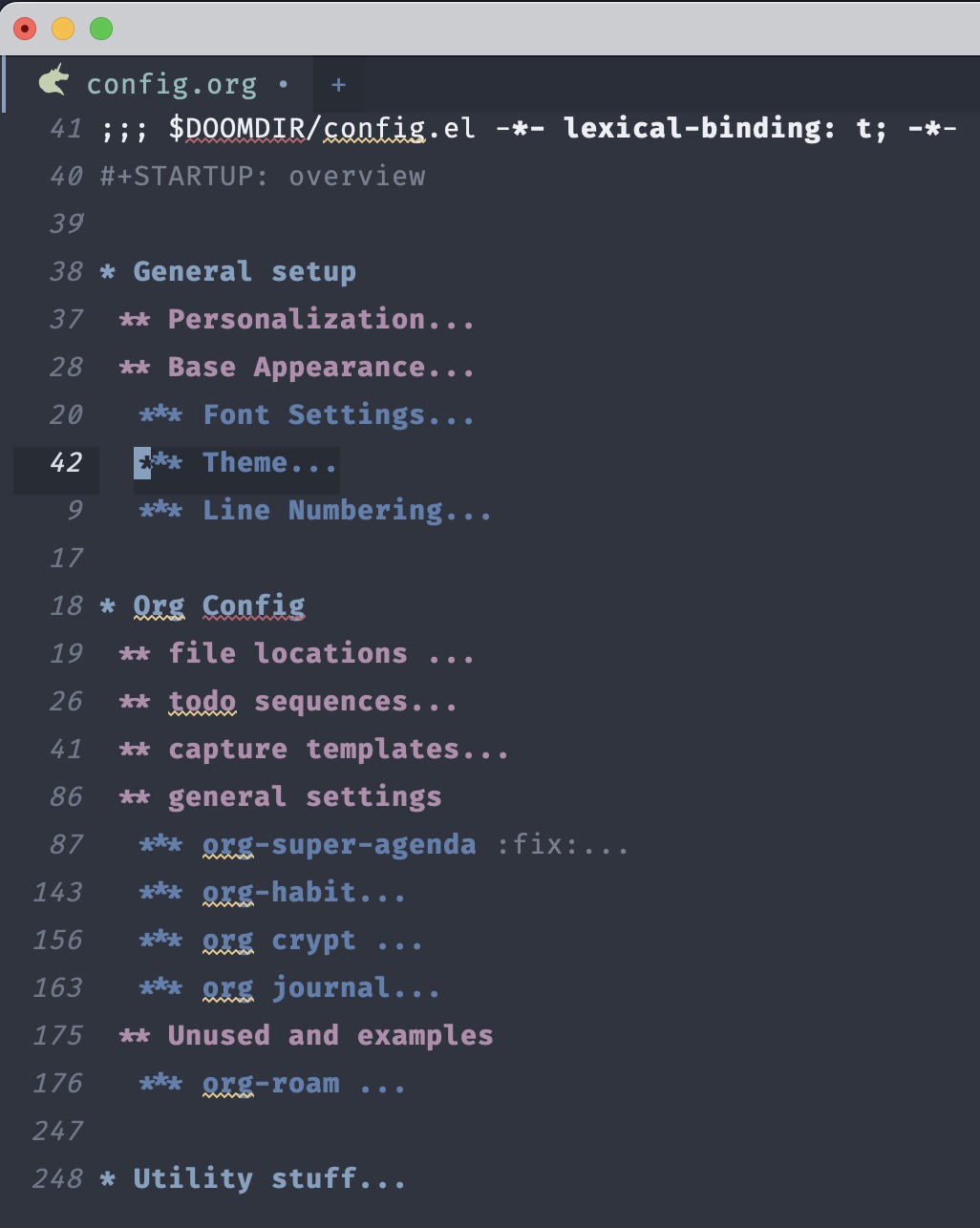 Screenshot of an org-based config file&rsquo;s heading hierarchy