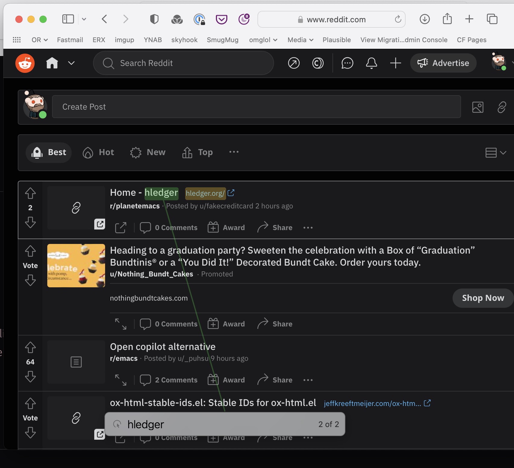 A screenshot of the reddit front page with a floating search field and a green line pointing to matching text