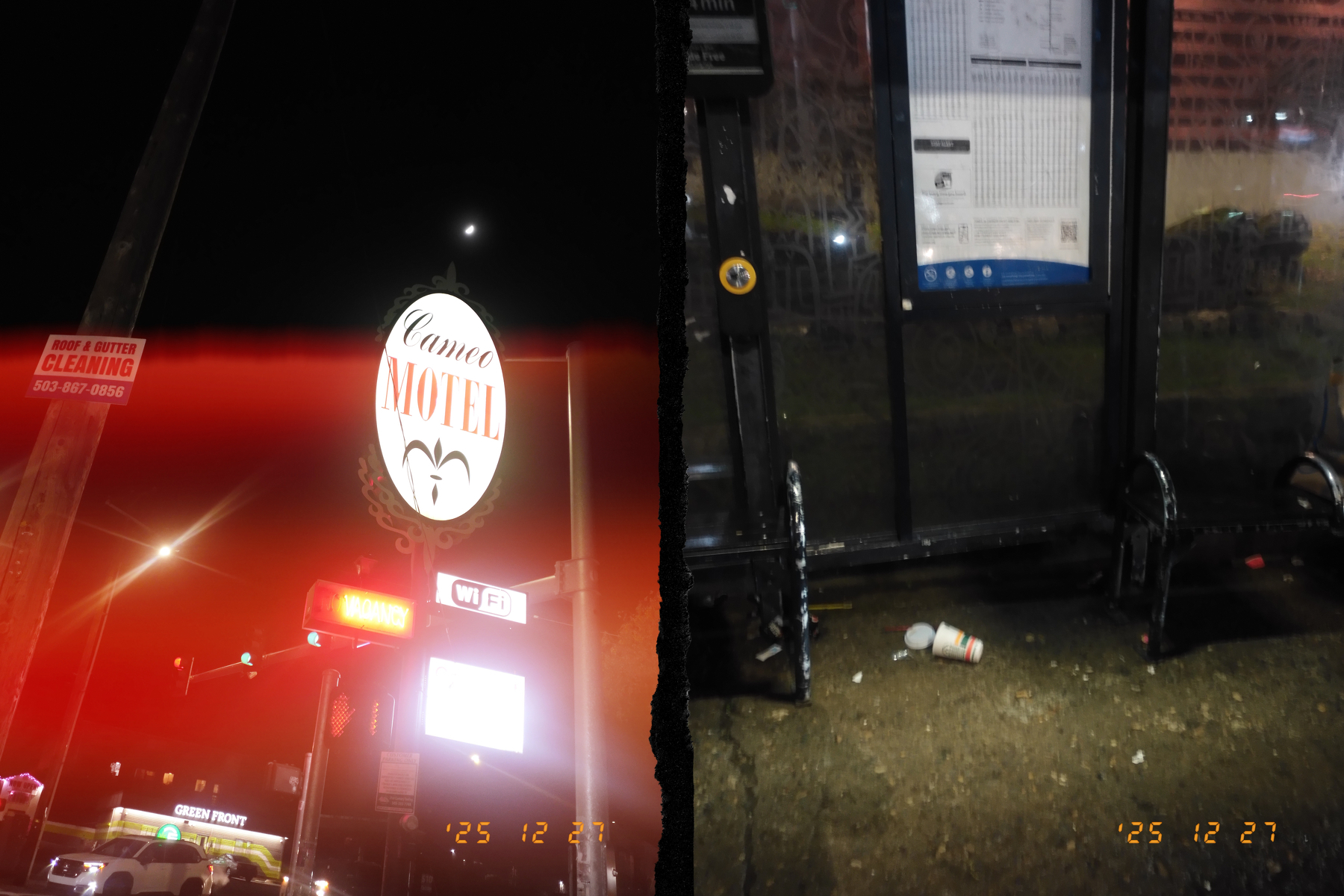 A motel sign glowing at night is juxtaposed with an image of a bus stop with litter on the ground.