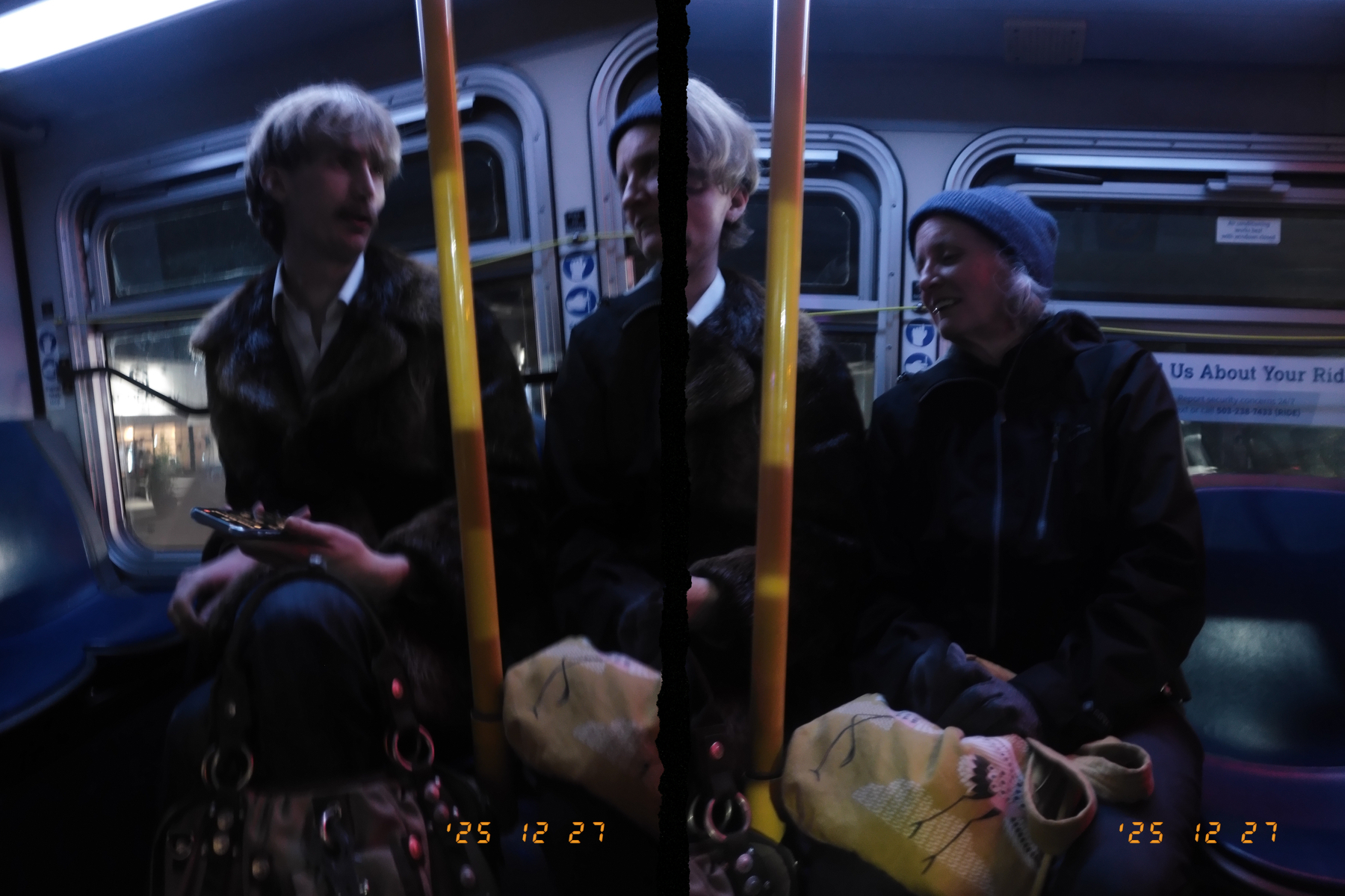Auto-generated description: Two people are sitting and talking on a bus, with a split effect visually dividing them.