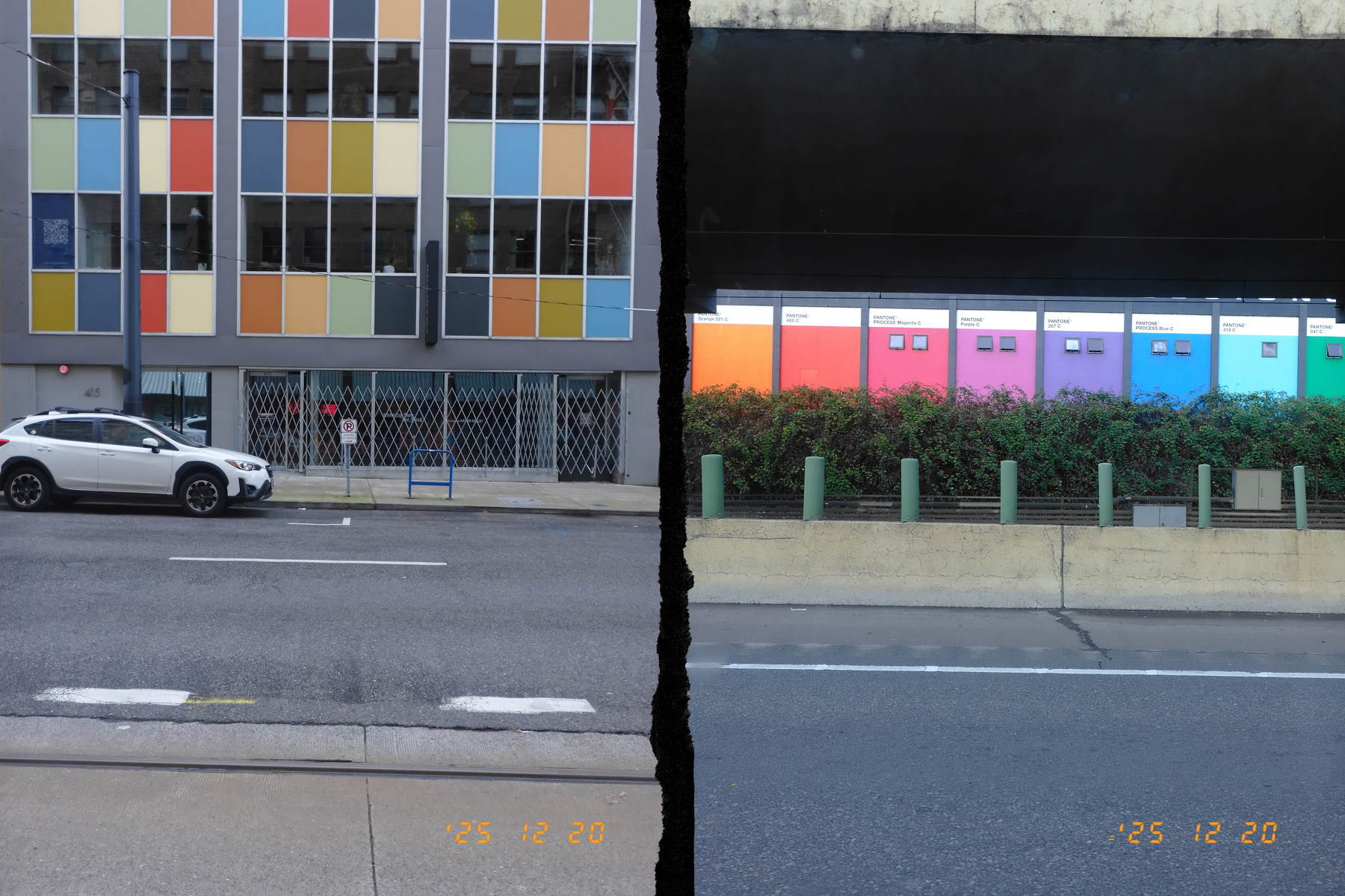 A split-screen photo shows a building with colorful window panels on the left and a colorful mural beside greenery on the right, with a road in the foreground.