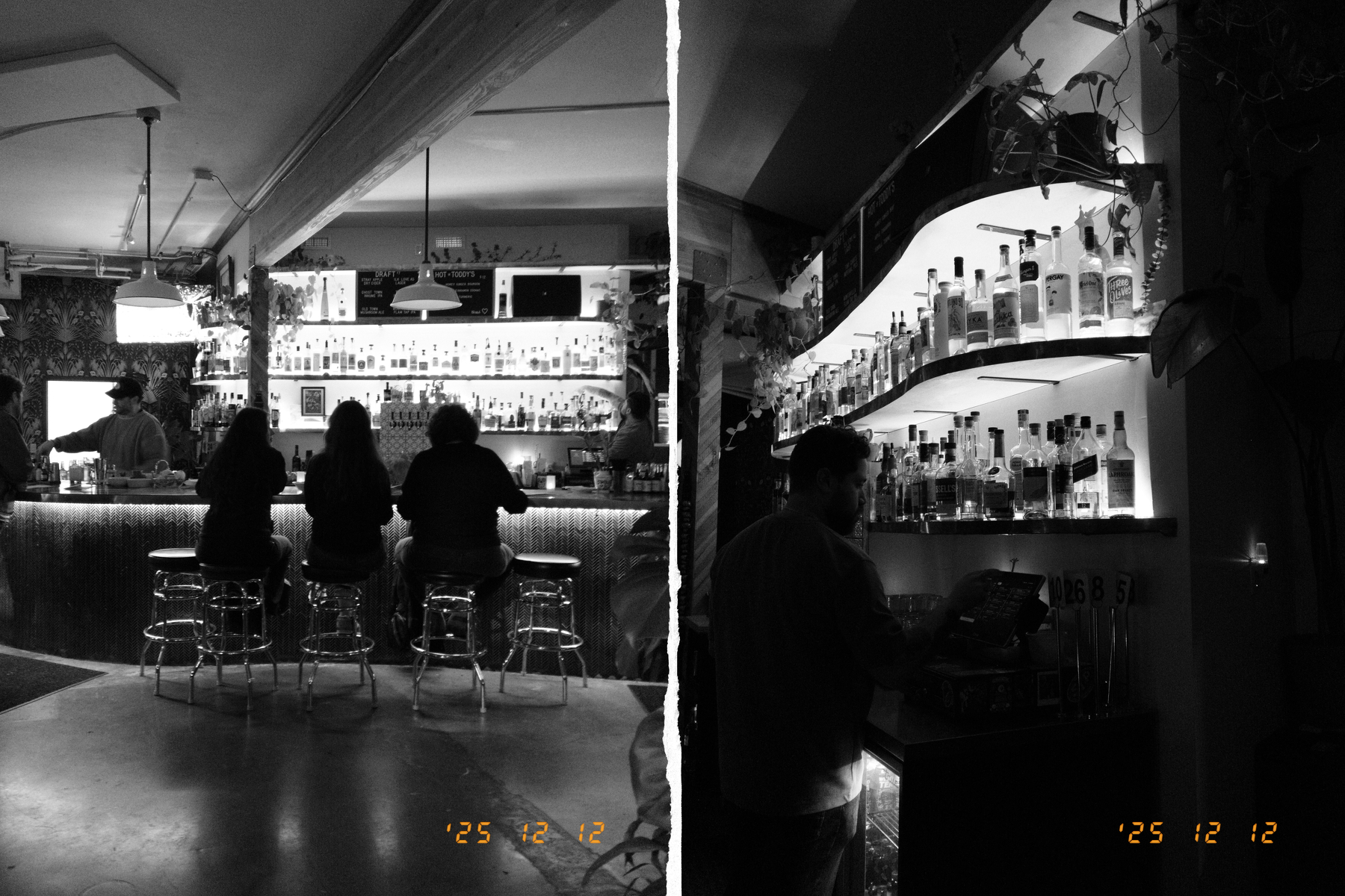 A dimly lit bar features patrons sitting at the counter on the left, while the right side shows a person working near shelves stocked with bottles.