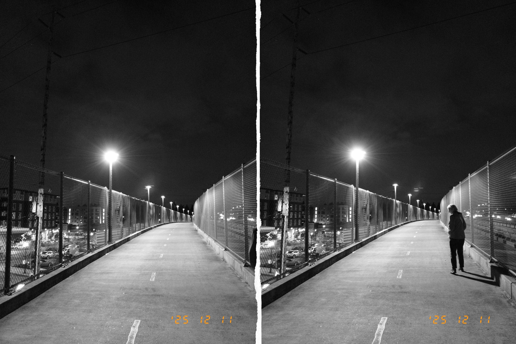 A black and white split-image shows a deserted fenced pathway on the left and a person walking on the right under streetlights at night.