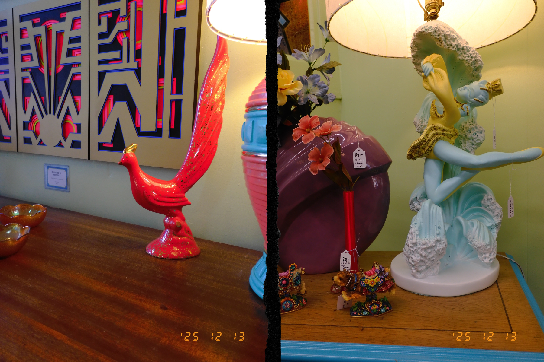 A collage shows colorful decorations, including a red bird sculpture, abstract wall art, and a lamp with a whimsical figure.