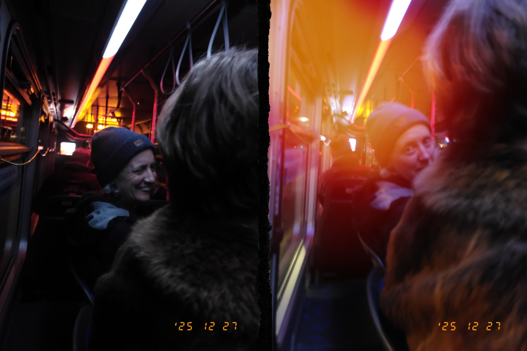 A person wearing a beanie is smiling at someone on a bus with vibrant orange and purple lighting.