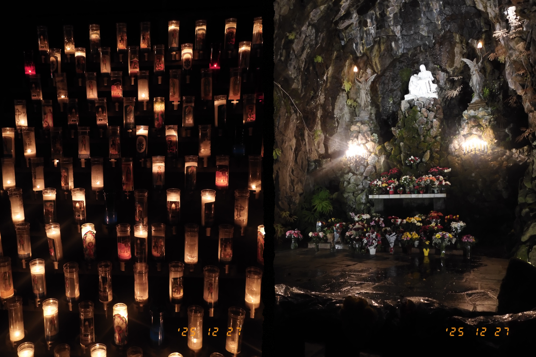 Lit candles are arranged in a grid pattern on the left, while a grotto with a white statue surrounded by flowers is displayed on the right.