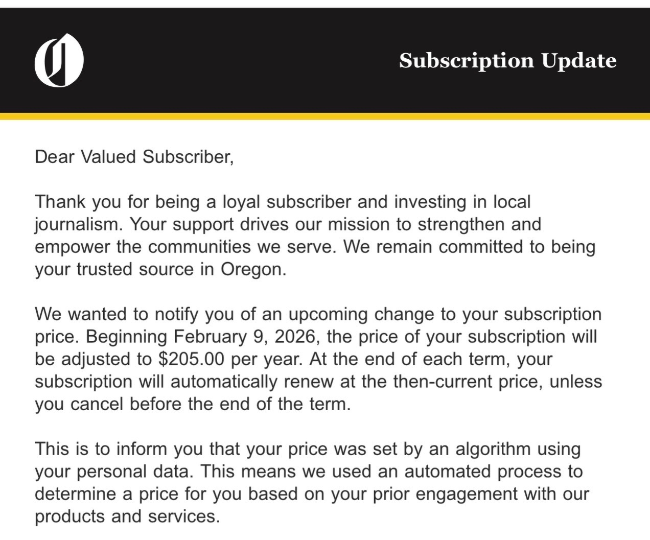 A subscription update notification informs the recipient of a price change, effective February 9, 2026, and explains the use of an algorithm to determine the price.