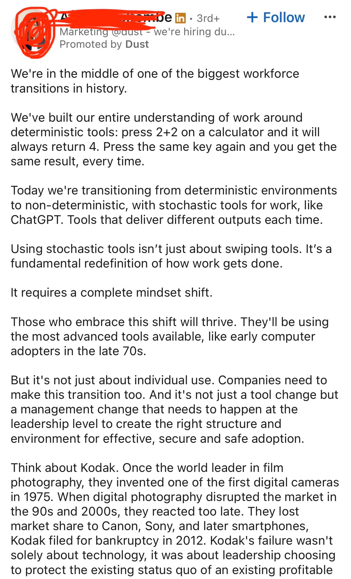 An advertisement by Marketing [@Dust](https://micro.blog/Dust) on LinkedIn discusses transitioning from deterministic to stochastic work tools like ChatGPT, highlighting the need for a mindset shift.