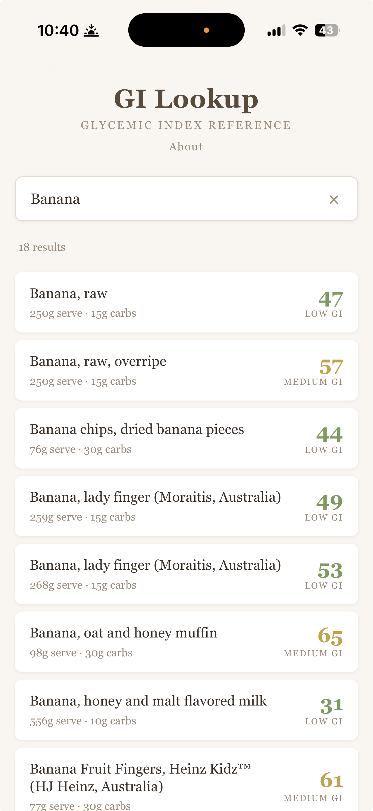 A list of different banana-based foods is displayed with their glycemic index values and carbohydrate content.
