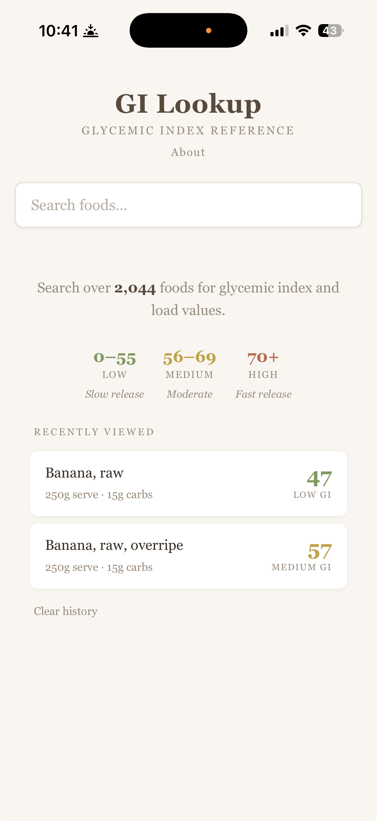 A glycemic index reference tool displaying the glycemic index values of raw bananas at different ripeness levels, with a search feature and low, medium, and high GI categories.